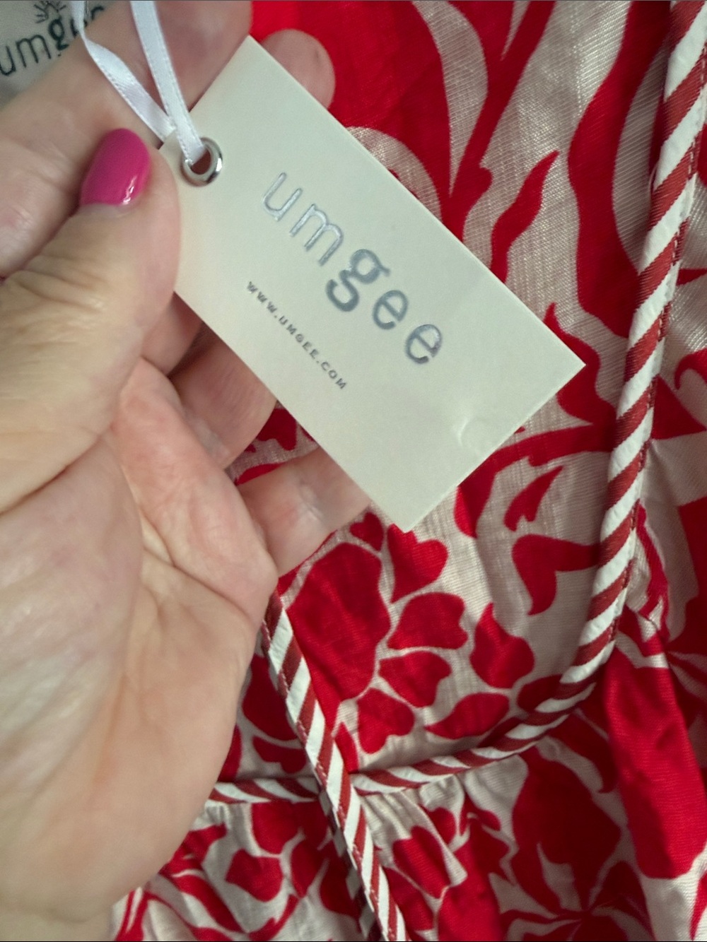 Umgee Red and Cream Floral Peasant Blouse with Braided Tie medium - Picture 3 of 4